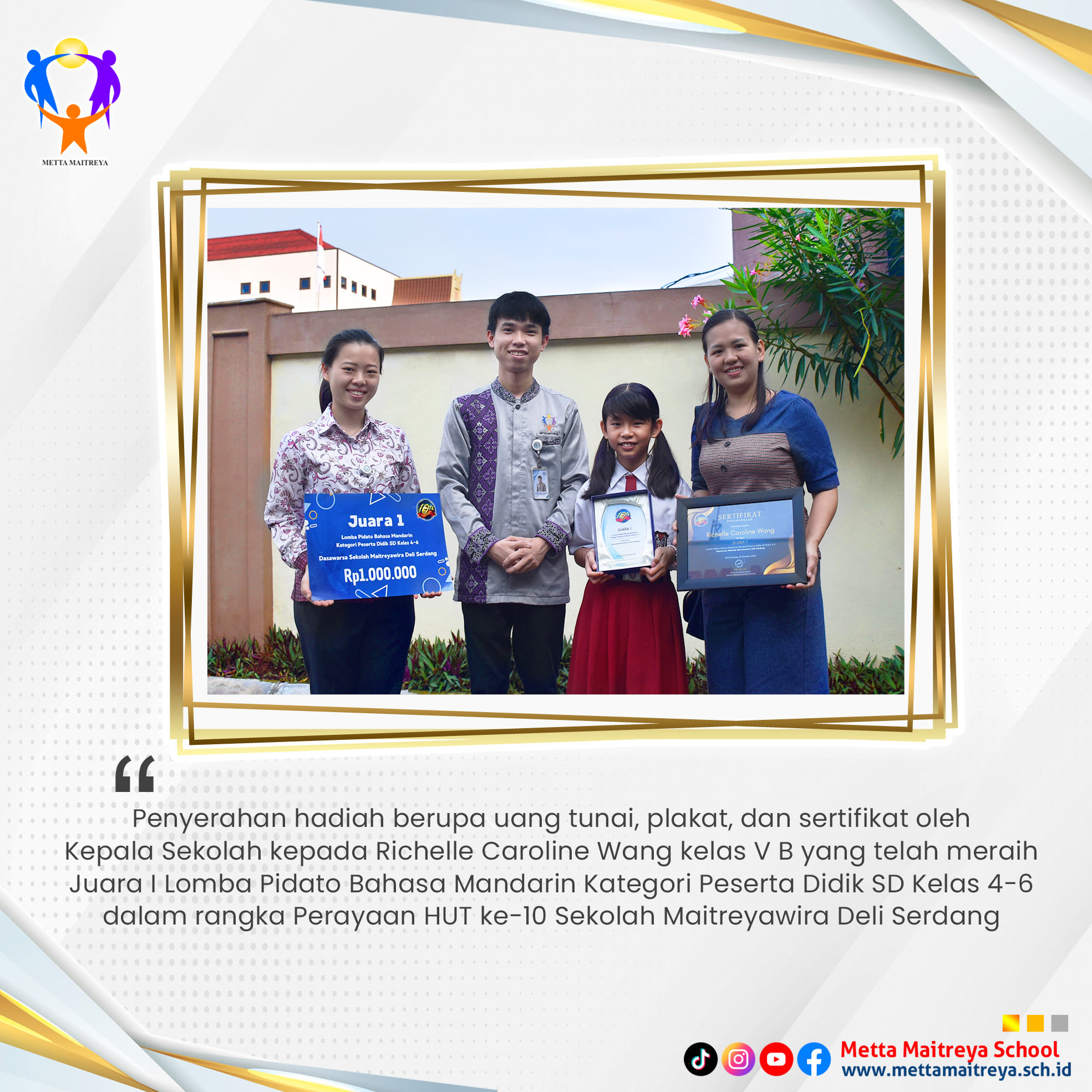 Penyerahan Hadiah Lomba Pidato Bahasa Mandarin Kategori Peserta Didik SD Kelas 4-6 | SD METTA MAITREYA